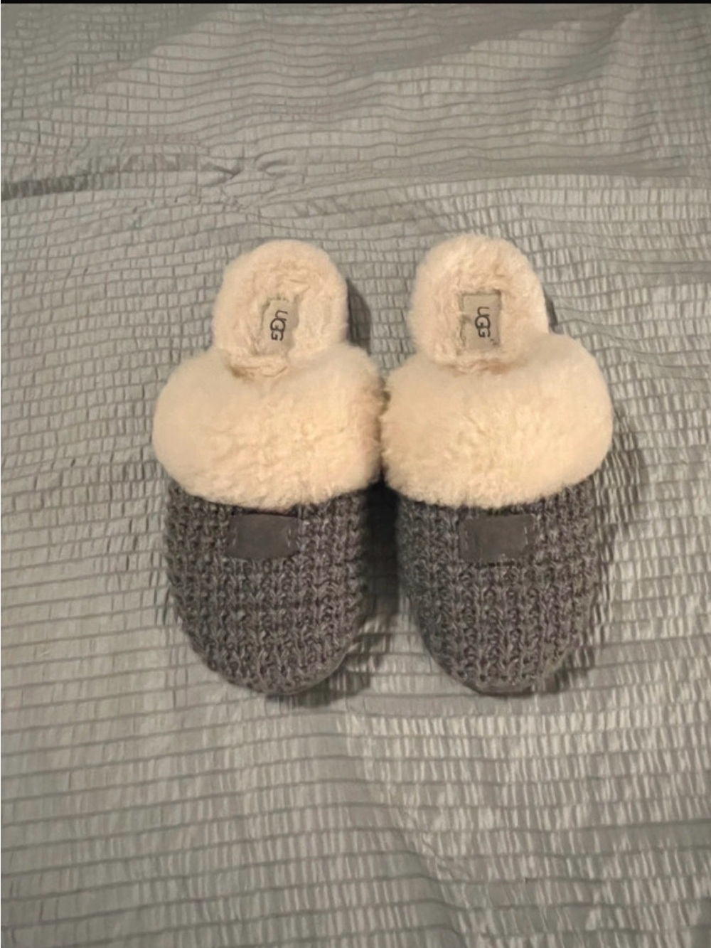 UGG Womens Grey Knit Slippers with Cream Shearling Cuff